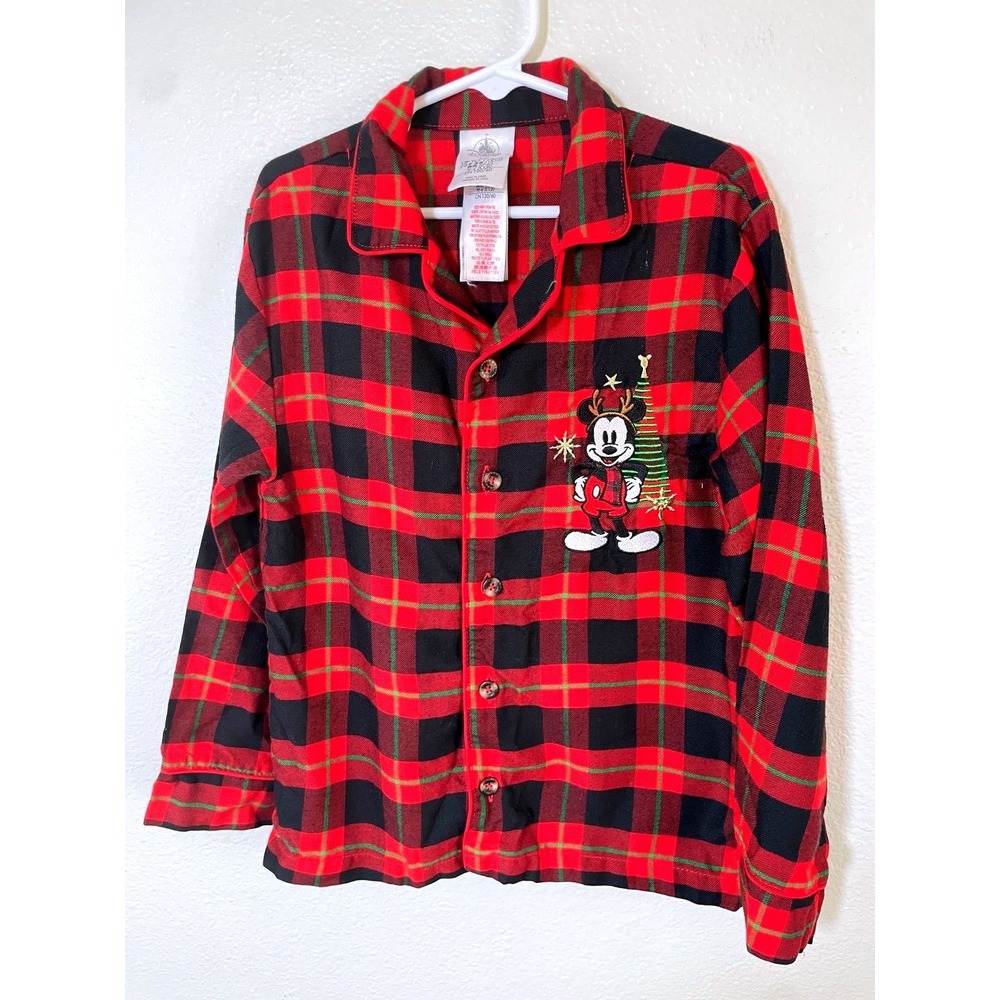 Disney Mickey Mouse Christmas Plaid Pajama Top Kids Size 5/6 Long Sleeve